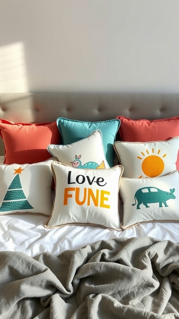A cozy bed with colorful throw pillows featuring whimsical designs.
