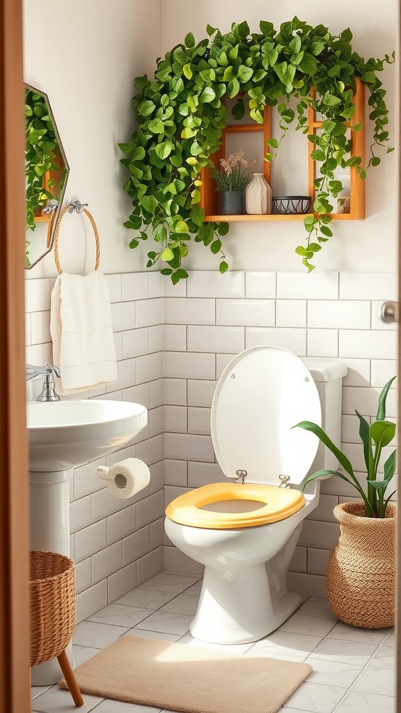 A bright bathroom featuring a whimsical yellow toilet training seat, surrounded by plants and soft decor.