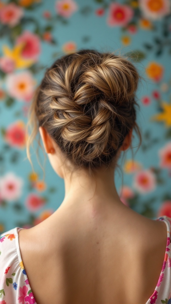 Back view of a whimsical twisted braid bun hairstyle with floral background.