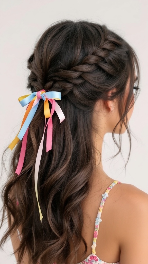 A hairstyle featuring twisted half up braids with colorful ribbon ties