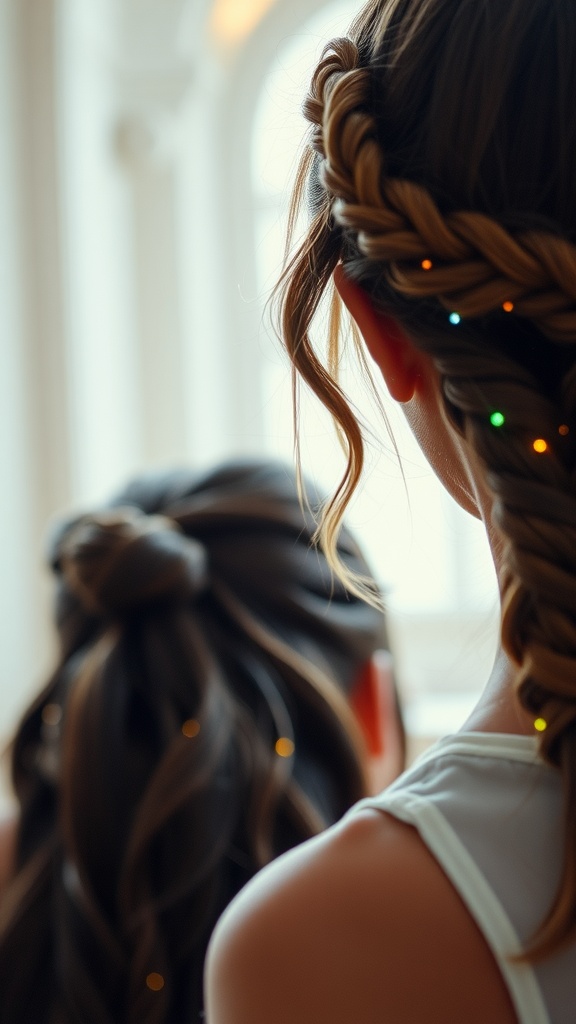 Two women with whimsical twisted halo hairstyles, one with braids and the other with a twisted bun