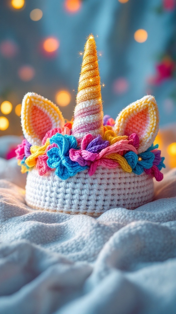 A colorful crochet unicorn crown with a golden horn and flower decorations.