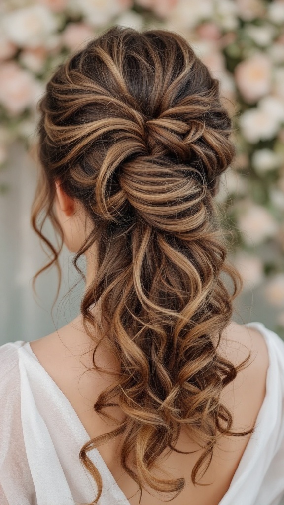 A beautiful whimsical updo with curly tendrils, featuring twisted sections and cascading curls, in a soft romantic style.