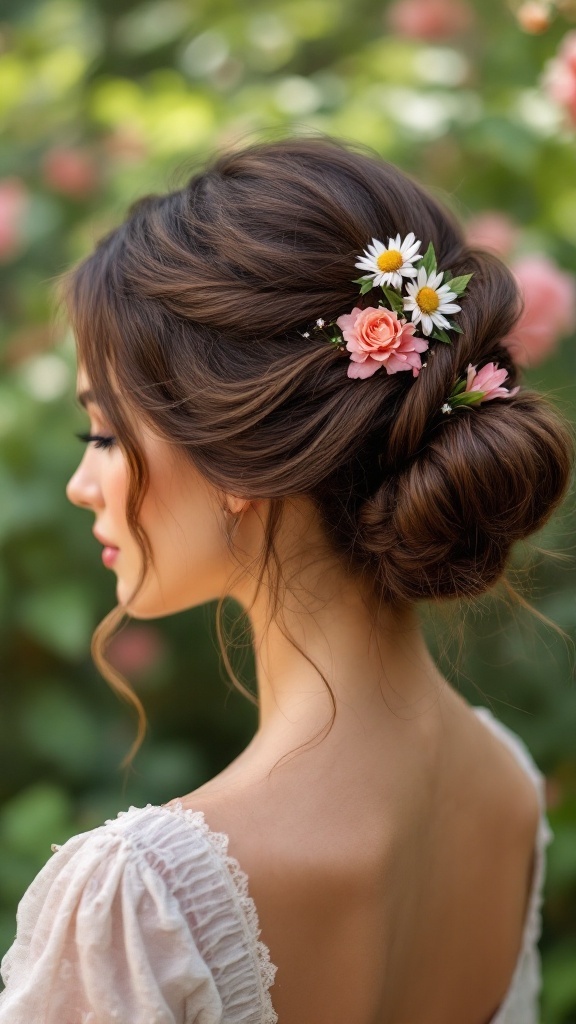 A woman with a twisted bun hairstyle adorned with seasonal flower clips, featuring daisies and roses.
