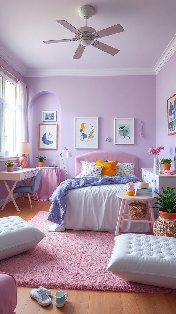A cozy purple bedroom featuring lavender walls, colorful pillows, whimsical artwork, and a pink rug.