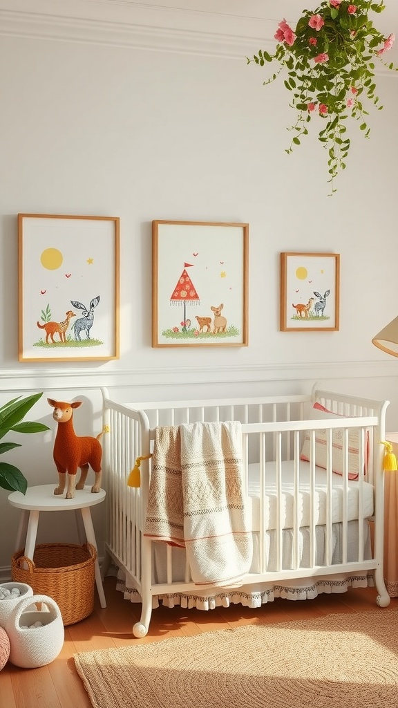 A charming nursery with whimsical wall art featuring animals and a tent, alongside a crib and decor.