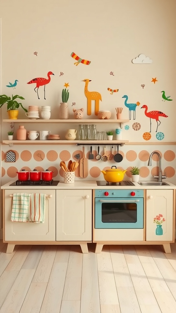 A colorful kitchen with whimsical wall art featuring birds and a giraffe