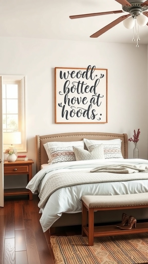 A cozy kitchen with whimsical wall art featuring playful handwritten lettering.