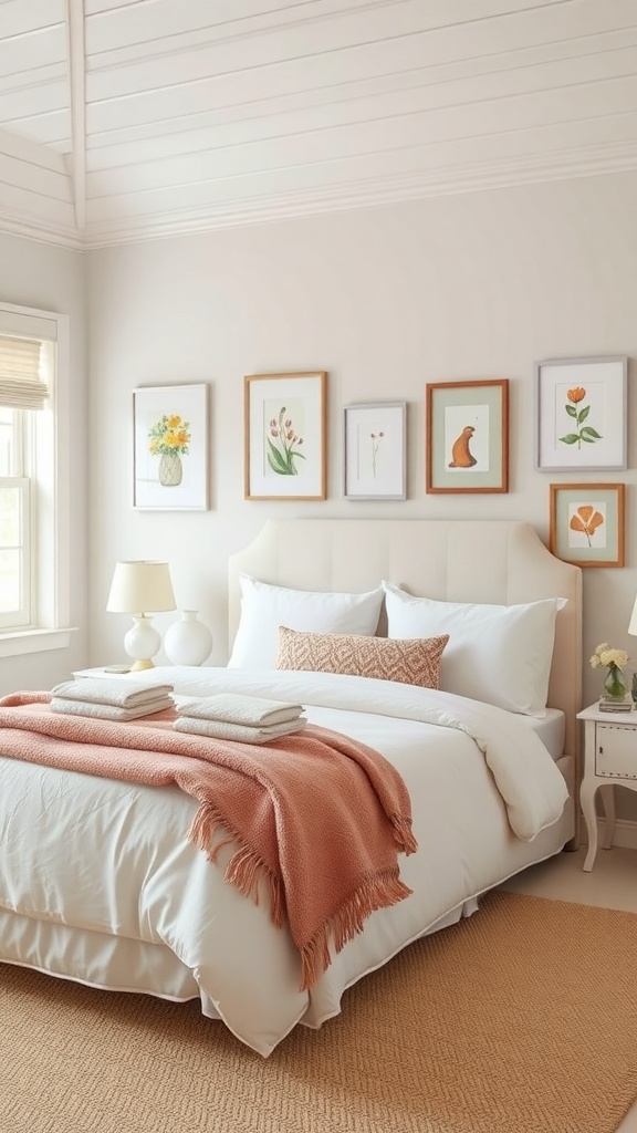 Cozy cottage bedroom with whimsical wall art and soft color palette