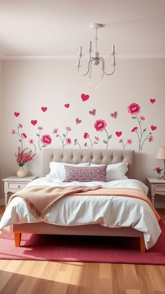 A bedroom featuring whimsical wall decals of flowers and hearts on a light wall, with a cozy bed and soft furnishings.
