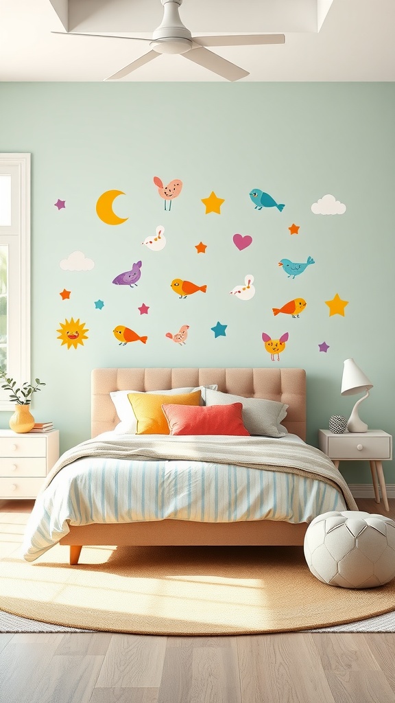 A bedroom with whimsical wall stickers showing colorful birds, stars, clouds, and sun on a green wall.
