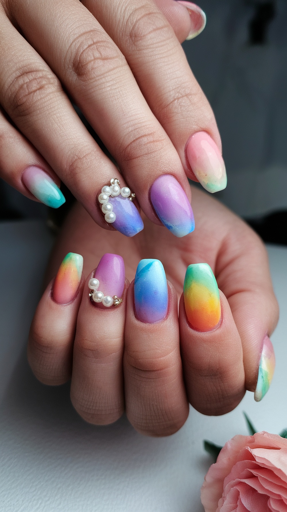 A close-up photo of a woman's hand with beautifully designed watercolor nails in pastel colors, adorned with stylish rings.