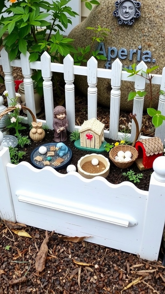A whimsical white raised garden bed featuring decorative figurines and small accessories.