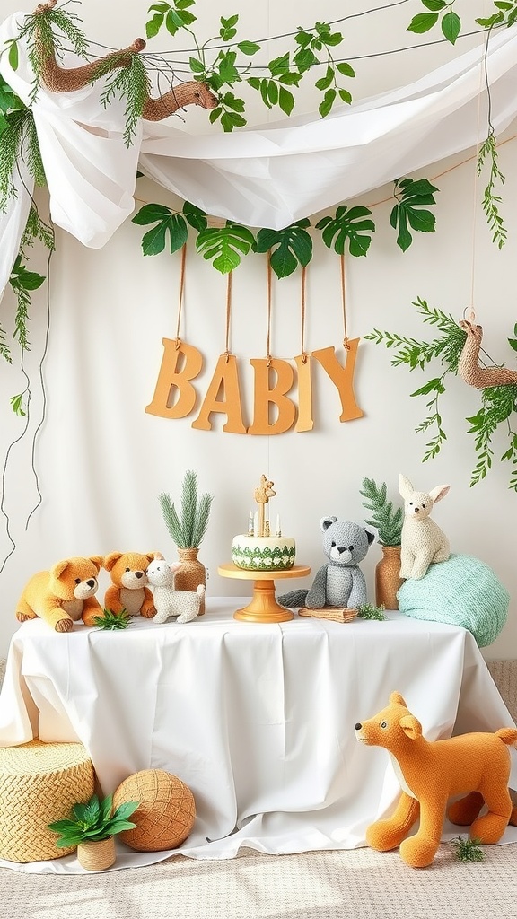 A cozy woodland-themed baby shower setup with plush animals and green decor.
