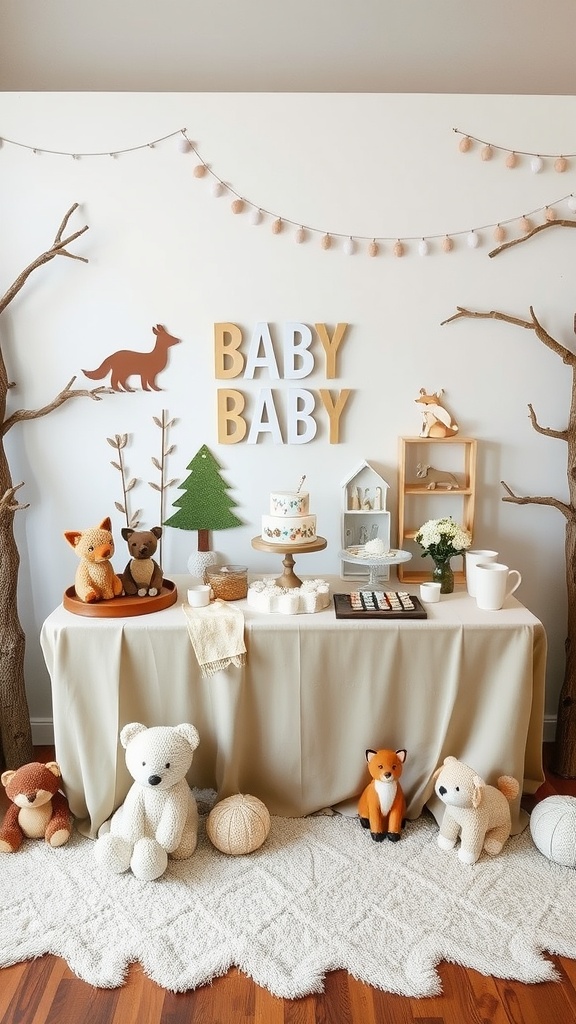 A whimsical woodland themed baby shower setup with animal decorations, soft colors, and a festive table.