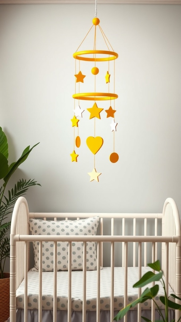 A yellow mobile with stars and hearts hanging above a crib in a nursery