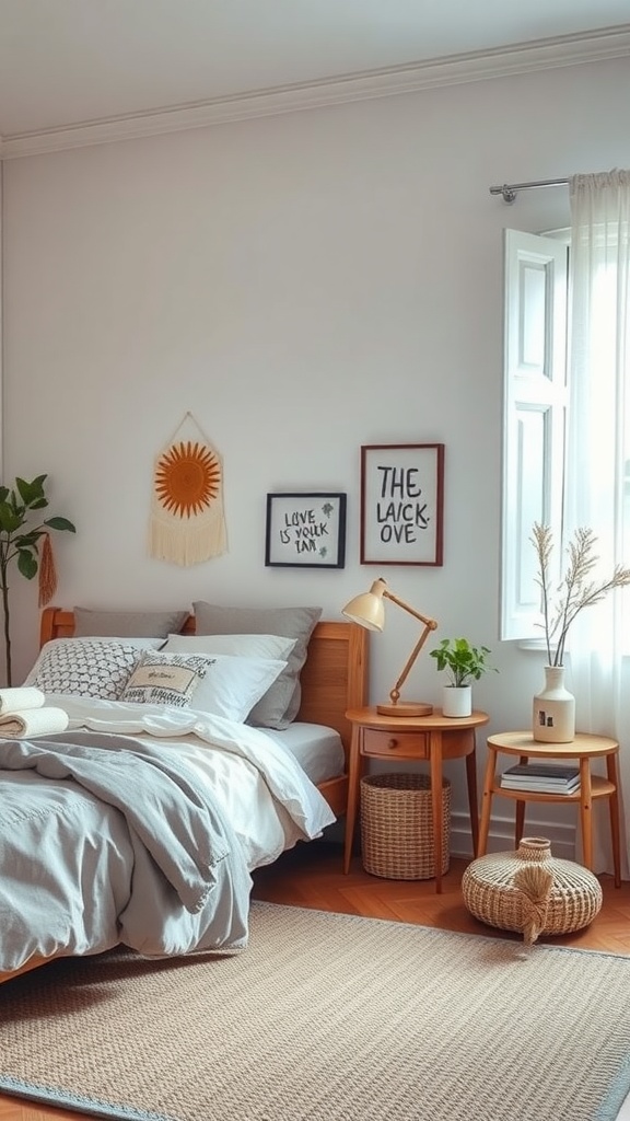 A zen bedroom featuring a wooden bed with soft linens, whimsical wall art, and simple decor elements.