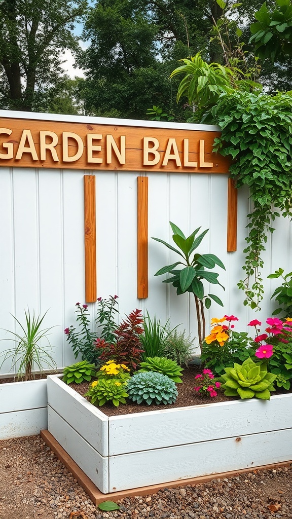 A raised garden bed made of white wood featuring various colorful plants and flowers.