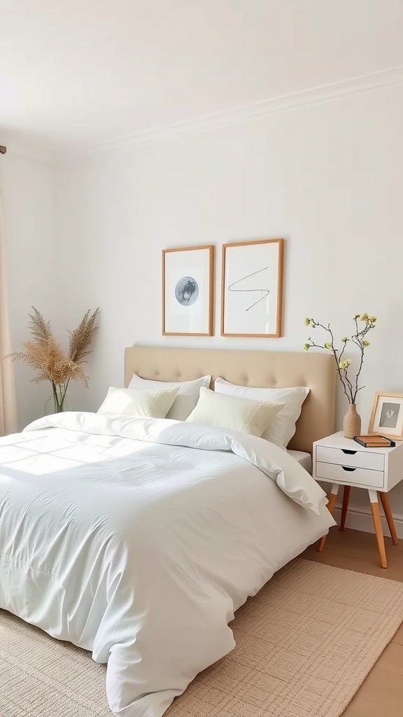 A bright and airy bedroom featuring white bedding on a beige headboard, with light streaming in and minimal decor.