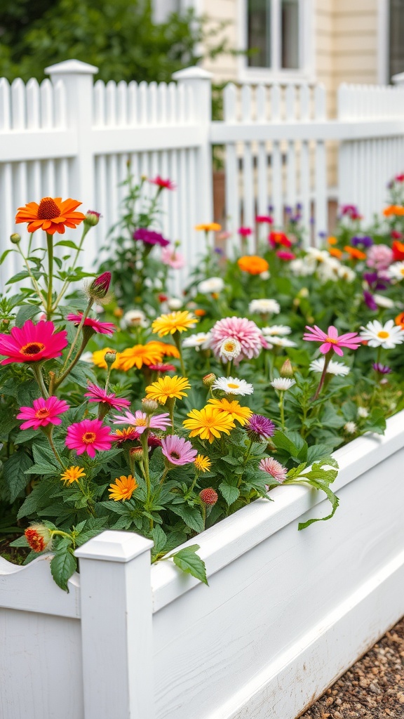 A vibrant display of flowers in a white raised garden bed with decorative edging.