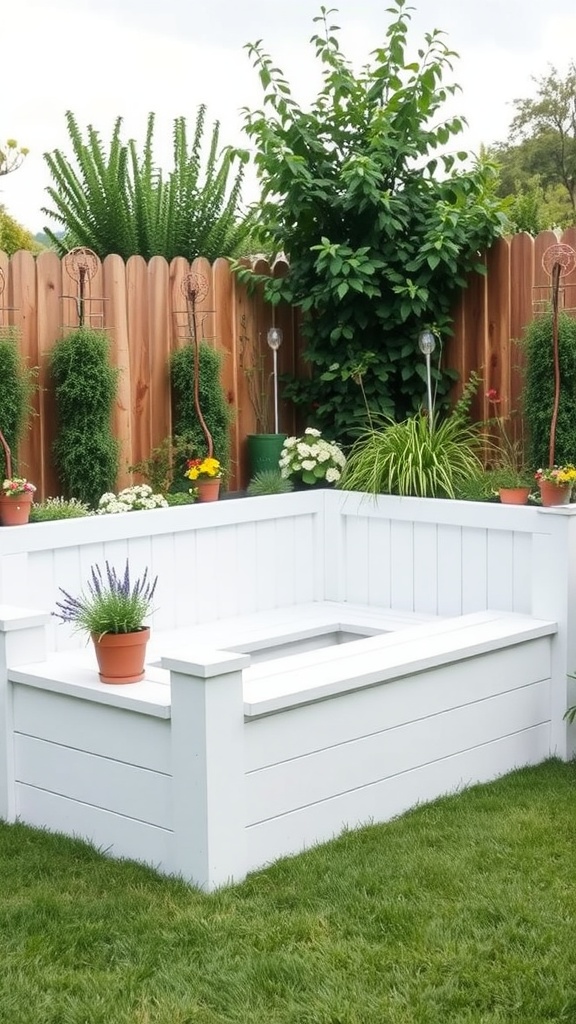 A white raised garden bed with built-in seating and potted plants.