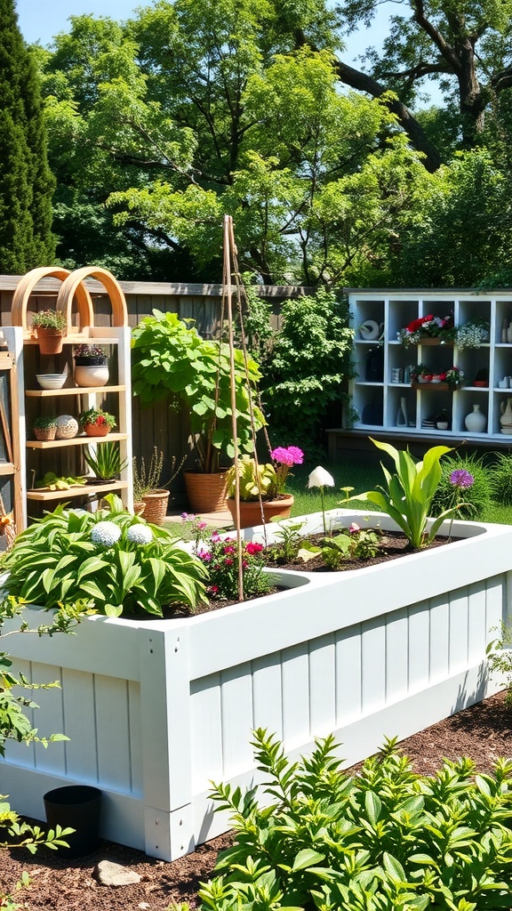 A white vinyl raised garden bed filled with various plants and flowers in a vibrant garden setting.