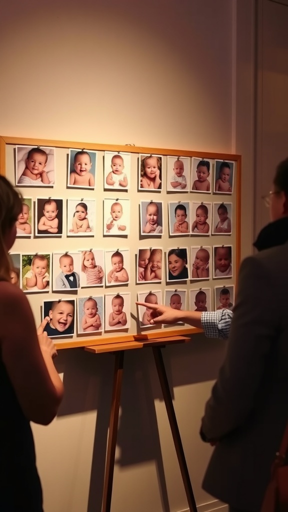 People playing the game 'Who's That Baby?' at a baby shower, looking at a board filled with baby photos.