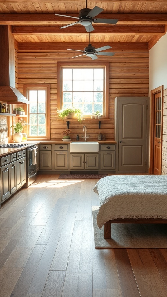 A spacious rustic kitchen featuring wide plank oak flooring, wooden cabinets, and large windows.