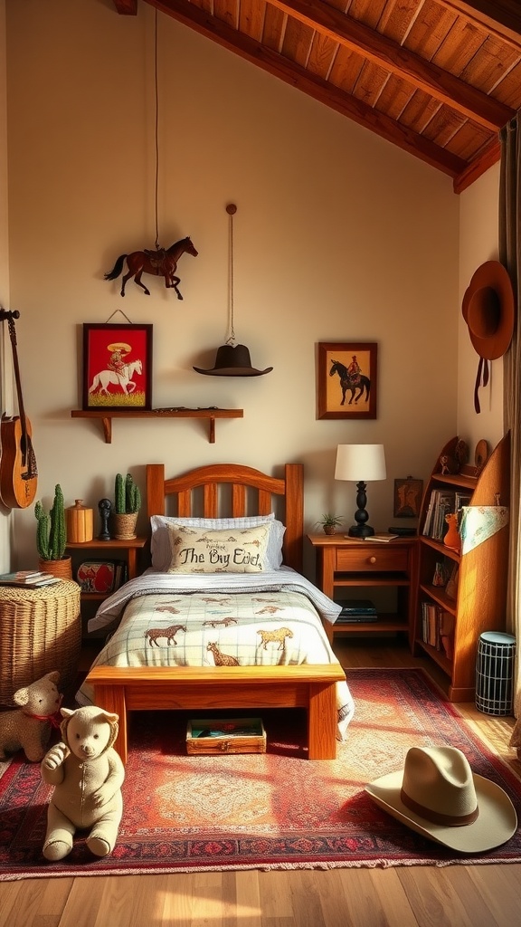 A cozy toddler bedroom decorated in a Wild West theme with wooden furniture, cowboy decor, and playful accessories.