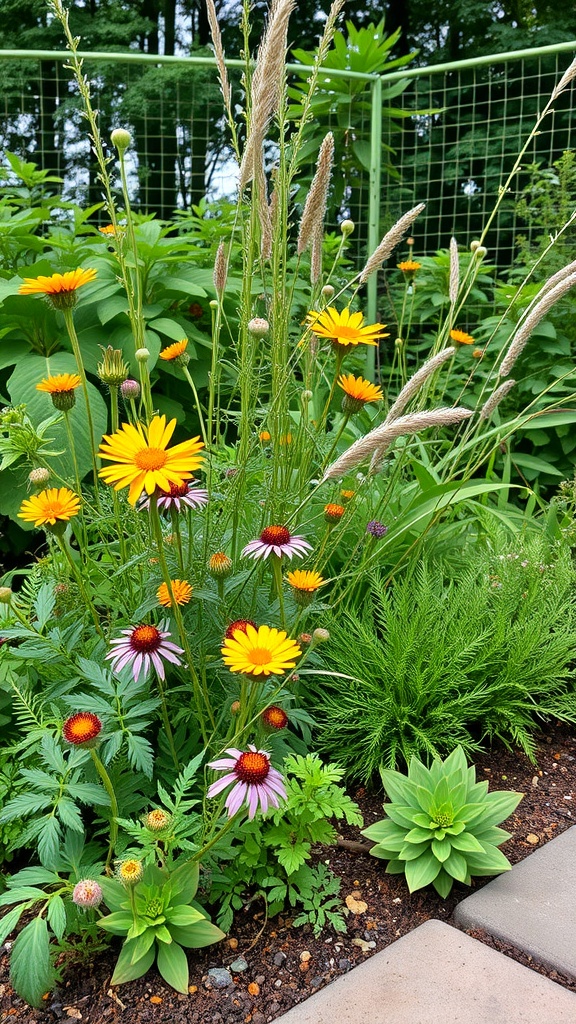 A vibrant mix of wildflowers and herbs in a garden setting.