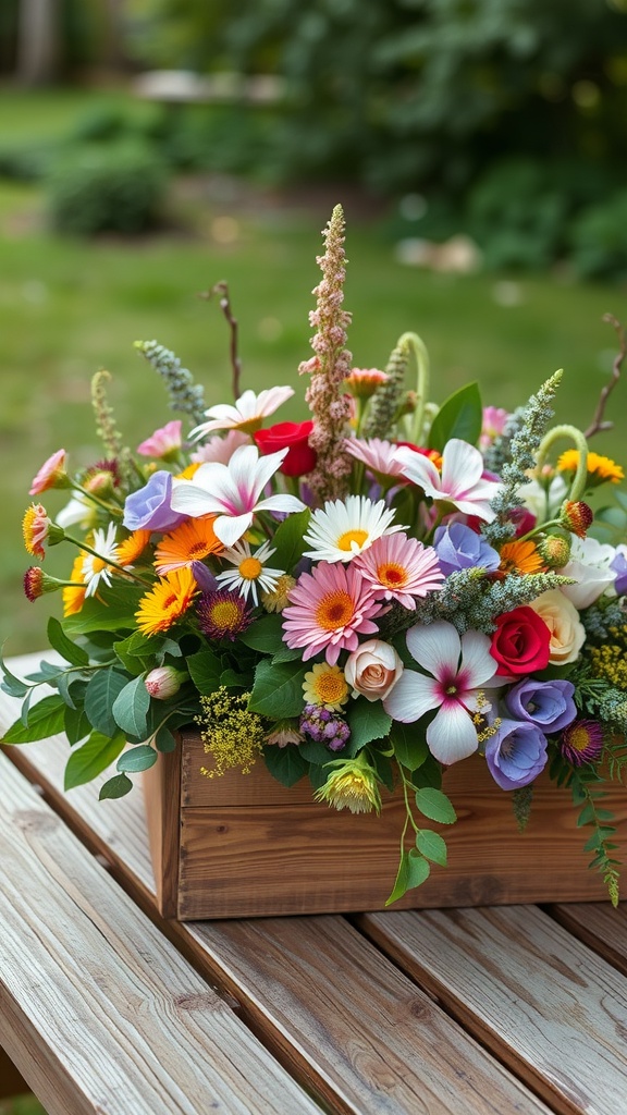 A vibrant wildflower centerpiece in a wooden box, featuring various colorful flowers.
