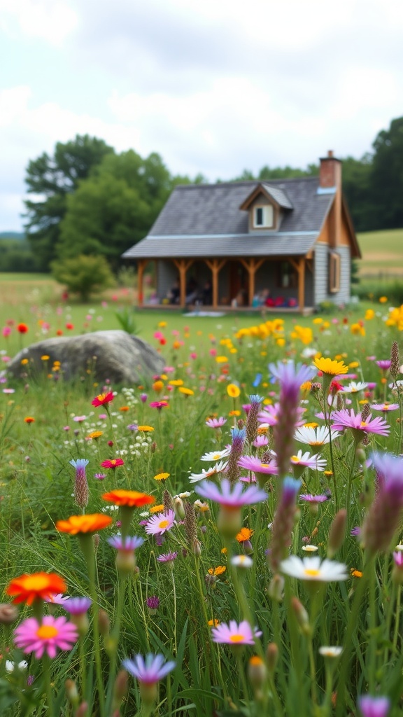 A cozy cottage surrounded by a vibrant wildflower meadow with various colorful flowers.