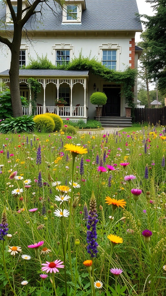 A Victorian house with a colorful wildflower meadow in the front garden.