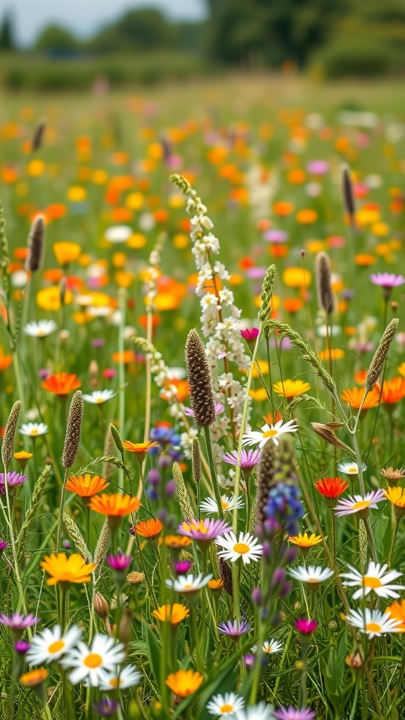 A vibrant wildflower meadow filled with colorful flowers including daisies, poppies, and cornflowers.