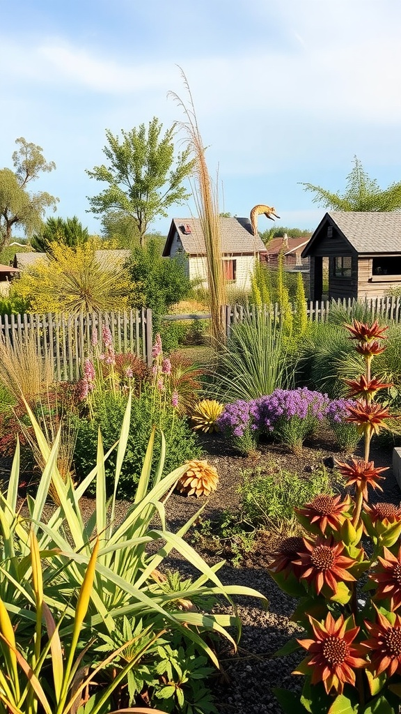 A colorful garden with various plants, featuring small wooden cottages in the background.