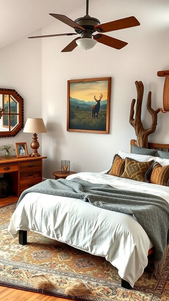 A cozy western-style bedroom featuring wildlife-inspired accents, including a deer painting and wooden furniture.