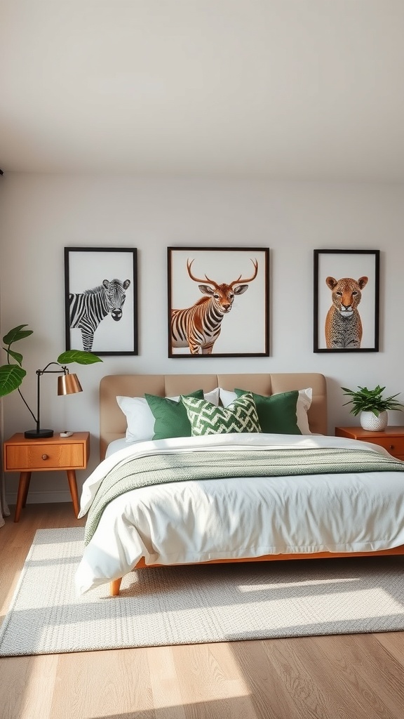 A cozy jungle-themed bedroom with wildlife-inspired wall art featuring a zebra, tiger, and lion cub.