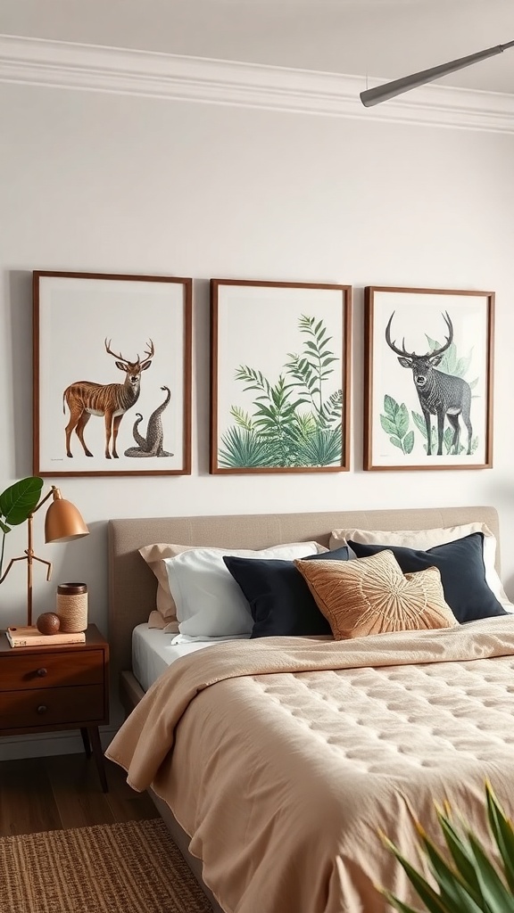 Three framed wildlife prints featuring a deer, a snake, and a black deer with greenery, above a bed with neutral bedding.