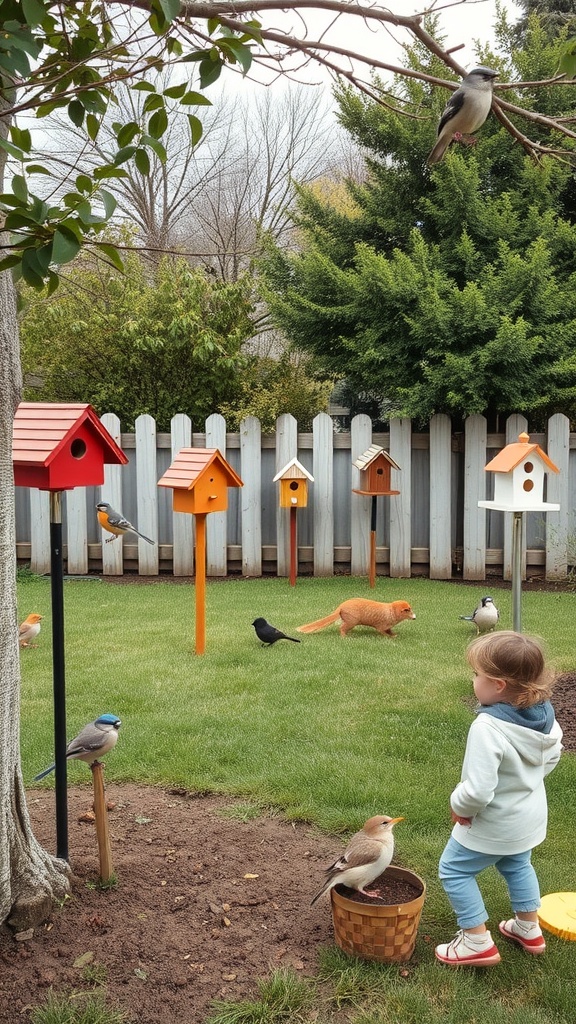 A backyard scene with colorful birdhouses and a child observing birds, creating a wildlife habitat.