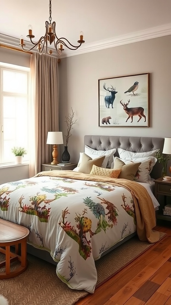 A cozy western-themed bedroom featuring wildlife motifs in the bedding and decor.