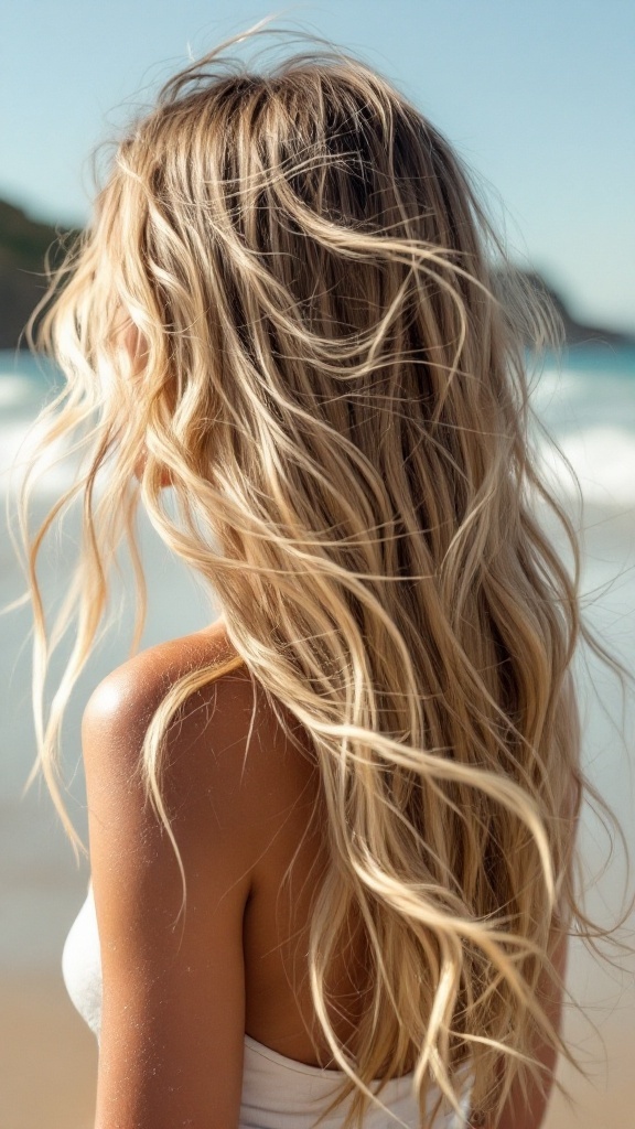 A woman with long, wind-swept hair at the beach, showcasing a beachy hairstyle with sea salt spray.