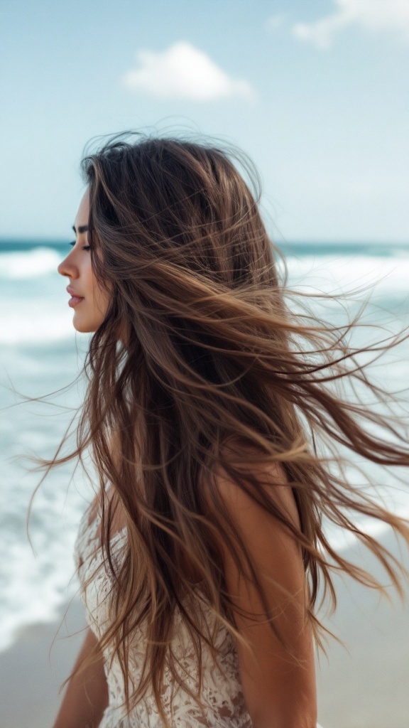 A woman with long wind-swept hair by the beach.