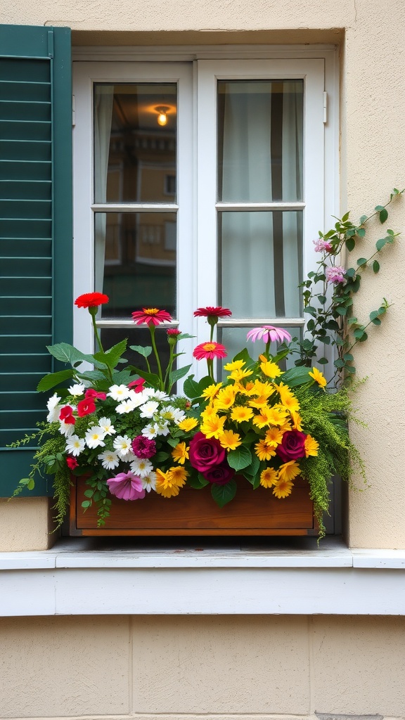 A colorful window box filled with various flowers including daisies, roses, and sunflowers, placed beneath a window.