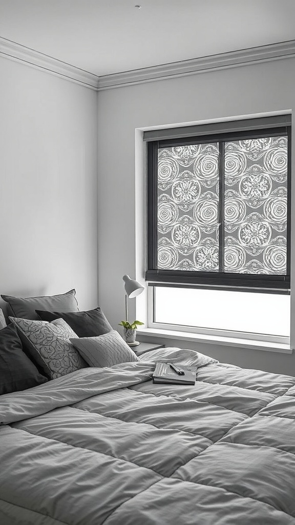 A bedroom with patterned window film, cozy bedding, and a bedside lamp