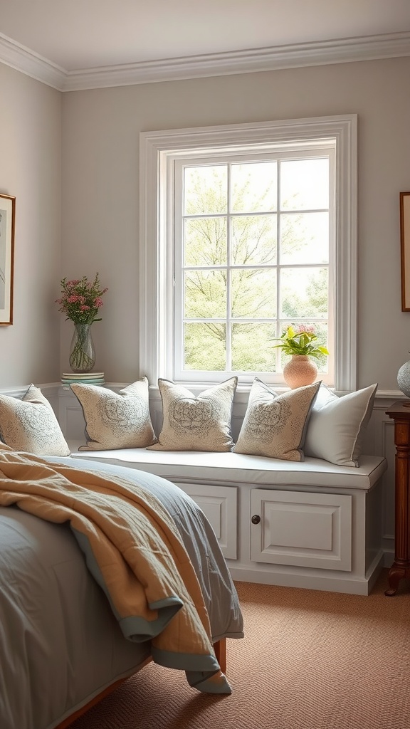 A cozy bedroom featuring a window seat with storage beneath, decorated with pillows and a view outside.