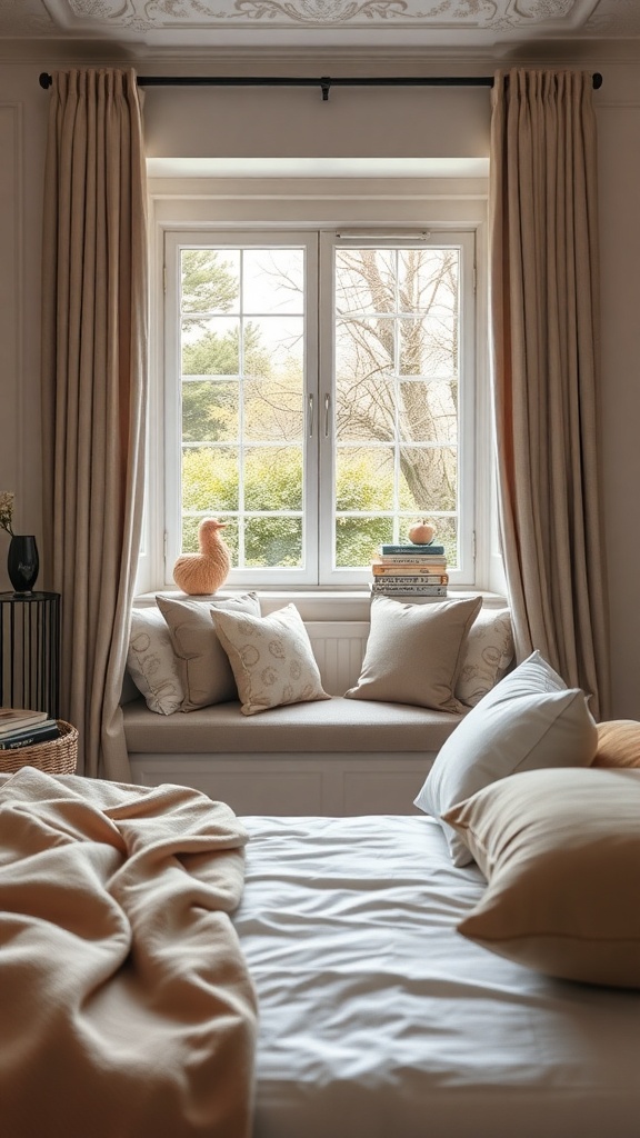 A cozy window seat with cushions and books, creating a perfect reading nook.