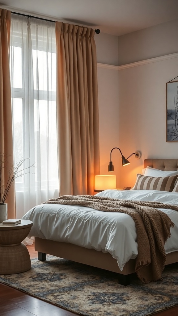 A cozy winter bedroom featuring thick curtains, a warm bed, and soft lighting.