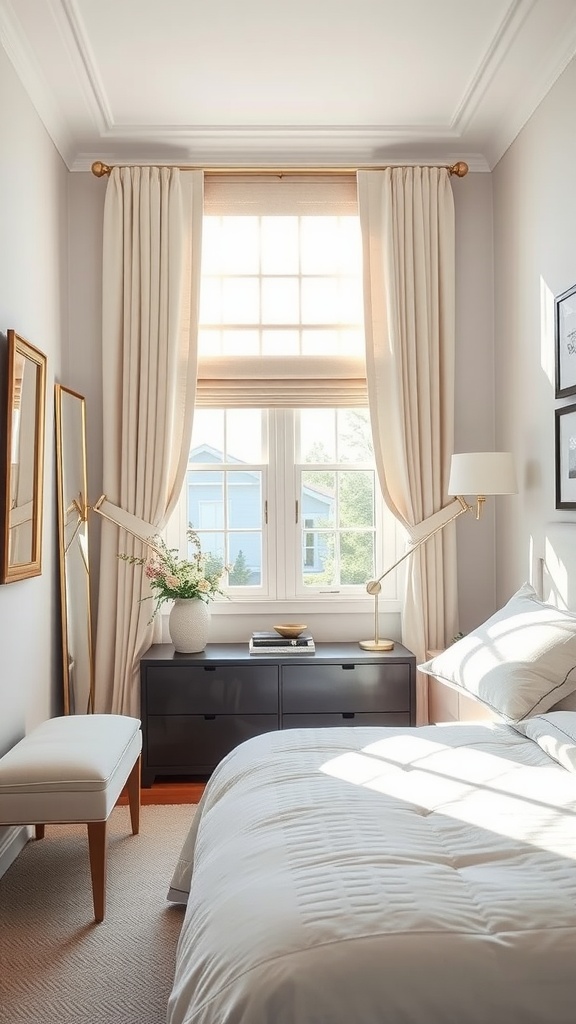 A small bedroom with light-colored curtains framing a window, showcasing a cozy and elegant interior.