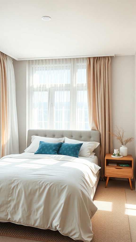 A serene bedroom with soft, sheer curtains and a cozy bed, showcasing light control options for a calming atmosphere.