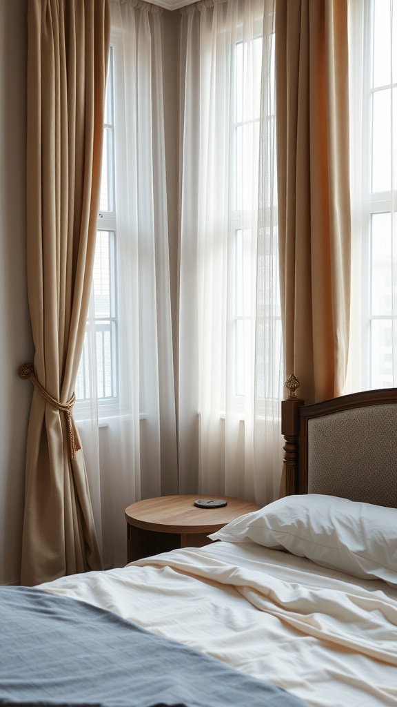 A bedroom corner with soft, flowing curtains in warm tones, allowing natural light while providing privacy.